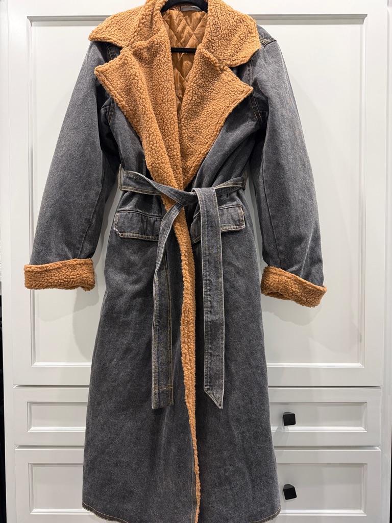 Animari Washed Black Denim And Faux-Shearling Trench